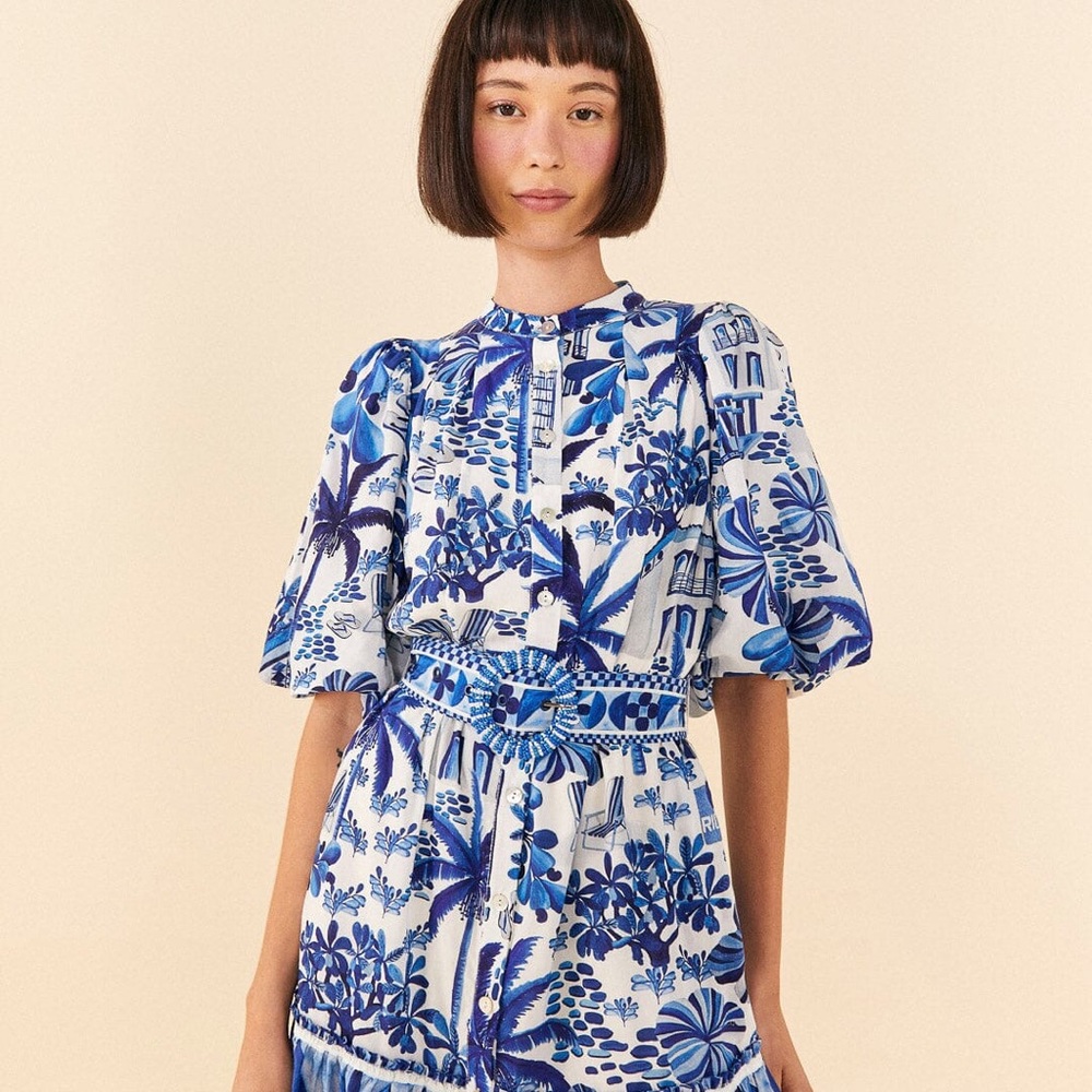 FARM Rio Blue and White Floral Mini Dress - Sweet Rio Puff Sleeve